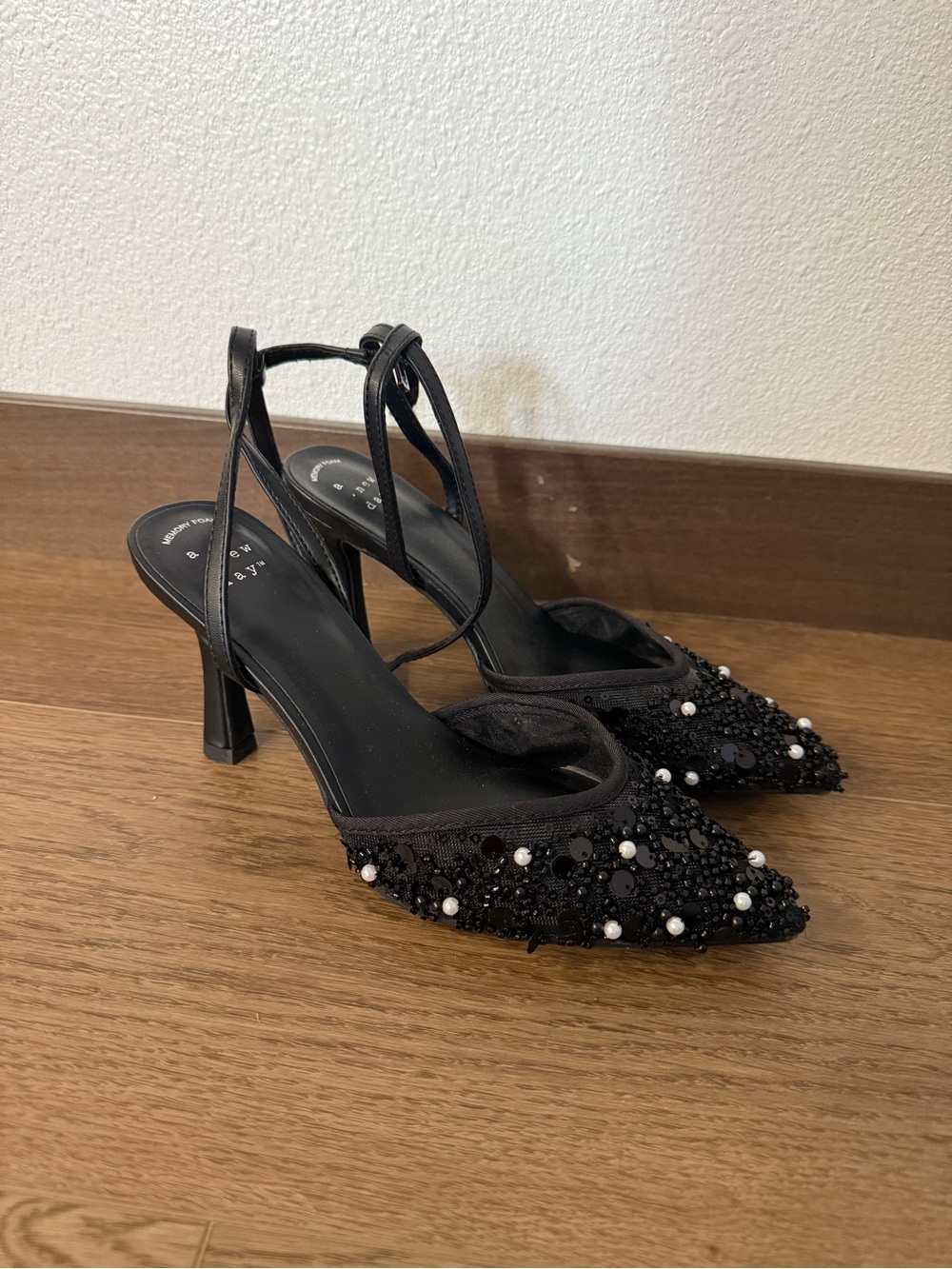 a new day Black Beaded Pointed Slingback Heels